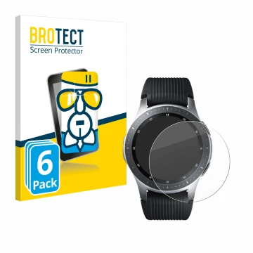 Front side of a product packaging with the brand logo BROTECT. Next to it is the device Samsung Galaxy Watch (46 mm) shown wit