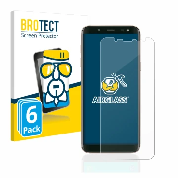 Front side of a product packaging with the brand logo BROTECT. Next to it is the device Samsung Galaxy J6 2018 shown with the 