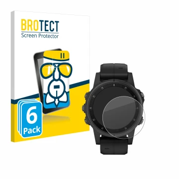Front side of a product packaging with the brand logo BROTECT. Next to it is the device Garmin Fenix 5S Plus (42 mm) shown wit