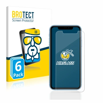 Front side of a product packaging with the brand logo BROTECT. Next to it is the device Apple iPhone XR shown with the corresp
