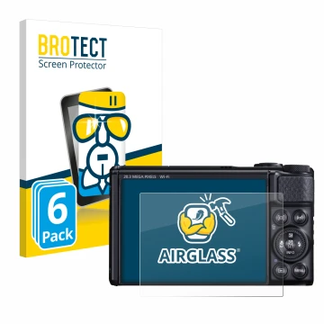 Front side of a product packaging with the brand logo BROTECT. Next to it is the device Canon PowerShot SX740 HS shown with th