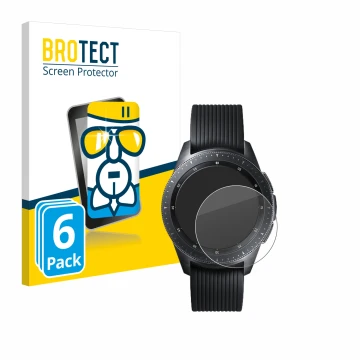 Front side of a product packaging with the brand logo BROTECT. Next to it is the device Samsung Galaxy Watch (42 mm) shown wit