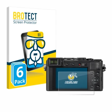 Front side of a product packaging with the brand logo BROTECT. Next to it is the device Panasonic Lumix DC-LX100 II shown with