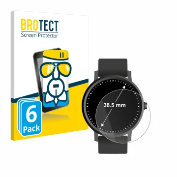 Front side of a product packaging with the brand logo BROTECT. Next to it is the device Watches (Circular, ø: 38.5 mm) shown w