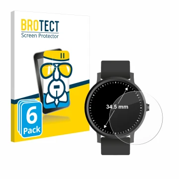 Front side of a product packaging with the brand logo BROTECT. Next to it is the device Watches (Circular, ø: 34.5 mm) shown w