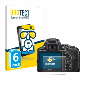 Front side of a product packaging with the brand logo BROTECT. Next to it is the device Nikon D3500 shown with the correspondi