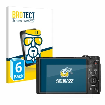 Front side of a product packaging with the brand logo BROTECT. Next to it is the device Sony Cyber-Shot DSC-HX99 shown with th