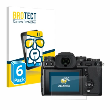 Front side of a product packaging with the brand logo BROTECT. Next to it is the device Fujifilm X-T3 shown with the correspon