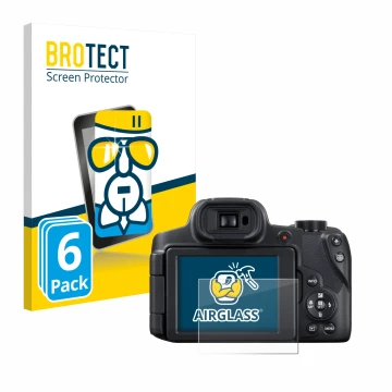 Front side of a product packaging with the brand logo BROTECT. Next to it is the device Canon PowerShot SX70 HS shown with the