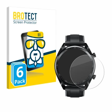Front side of a product packaging with the brand logo BROTECT. Next to it is the device Huawei Watch GT (46 mm) 2018 shown wit