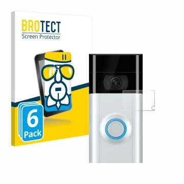 Front side of a product packaging with the brand logo BROTECT. Next to it is the device Ring Doorbell 2 (Lens) shown with the 