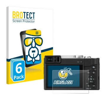 Front side of a product packaging with the brand logo BROTECT. Next to it is the device Panasonic Lumix DC-TZ96 shown with the