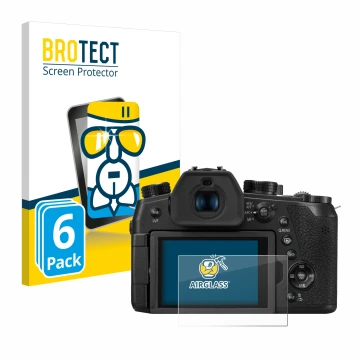 Front side of a product packaging with the brand logo BROTECT. Next to it is the device Panasonic Lumix DC-FZ1000 II shown wit