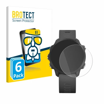 Front side of a product packaging with the brand logo BROTECT. Next to it is the device Garmin Forerunner 245 Music shown with