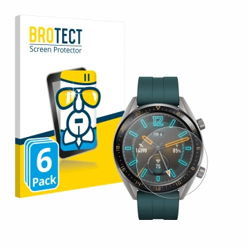 Front side of a product packaging with the brand logo BROTECT. Next to it is the device Huawei Watch GT Active shown with the 