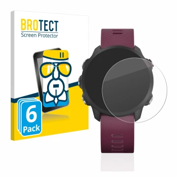 Front side of a product packaging with the brand logo BROTECT. Next to it is the device Garmin Forerunner 245 shown with the c
