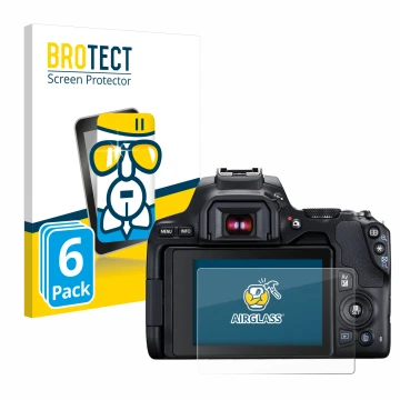 Front side of a product packaging with the brand logo BROTECT. Next to it is the device Canon EOS 250D shown with the correspo