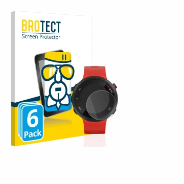 Front side of a product packaging with the brand logo BROTECT. Next to it is the device Garmin Forerunner 45 shown with the co