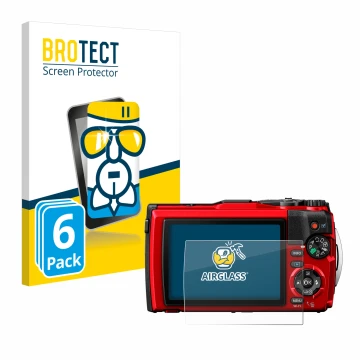 Front side of a product packaging with the brand logo BROTECT. Next to it is the device Olympus Tough TG-6 shown with the corr