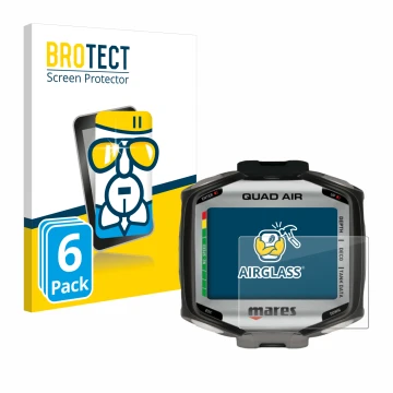 Front side of a product packaging with the brand logo BROTECT. Next to it is the device Mares Quad Air shown with the correspo