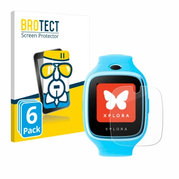 Front side of a product packaging with the brand logo BROTECT. Next to it is the device Xplora Go shown with the corresponding