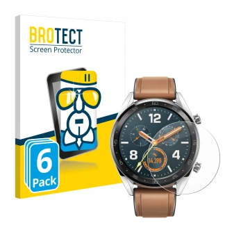 Front side of a product packaging with the brand logo BROTECT. Next to it is the device Huawei Watch GT Classic shown with the
