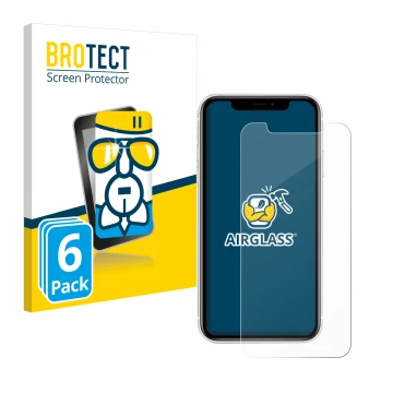 Front side of a product packaging with the brand logo BROTECT. Next to it is the device Apple iPhone 11 shown with the corresp