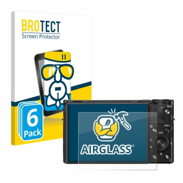 Front side of a product packaging with the brand logo BROTECT. Next to it is the device Sony Cyber-Shot DSC-RX100 VII shown wi