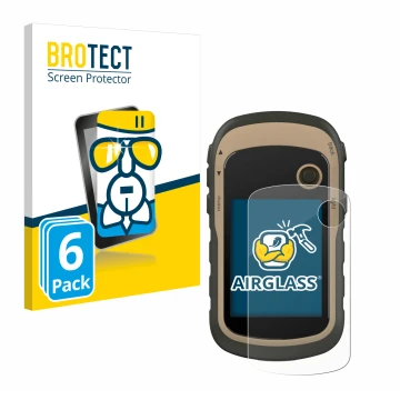 Front side of a product packaging with the brand logo BROTECT. Next to it is the device Garmin eTrex 32x shown with the corres