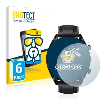 Front side of a product packaging with the brand logo BROTECT. Next to it is the device Huawei Watch GT 2 (46 mm) shown with t