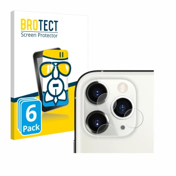 Front side of a product packaging with the brand logo BROTECT. Next to it is the device Apple iPhone 11 Pro (ONLY Camera Lens)