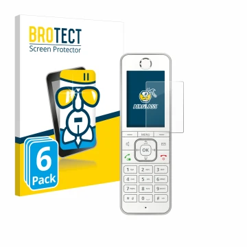 Front side of a product packaging with the brand logo BROTECT. Next to it is the device AVM Fritz!Fon C6 shown with the corres