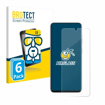 Front side of a product packaging with the brand logo BROTECT. Next to it is the device Samsung Galaxy S20 shown with the corr
