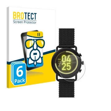 Front side of a product packaging with the brand logo BROTECT. Next to it is the device Skagen Smartwatch Falster 3 shown with
