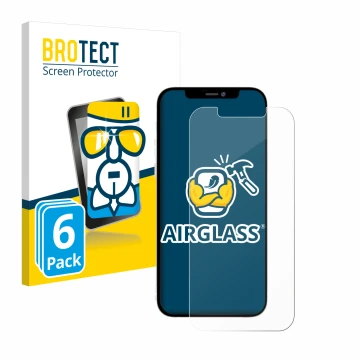 Front side of a product packaging with the brand logo BROTECT. Next to it is the device Apple iPhone 12 Pro Max shown with the