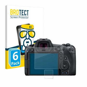 Front side of a product packaging with the brand logo BROTECT. Next to it is the device Canon EOS R5 shown with the correspond