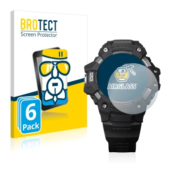Front side of a product packaging with the brand logo BROTECT. Next to it is the device Casio G-Shock GBD-H1000 shown with the