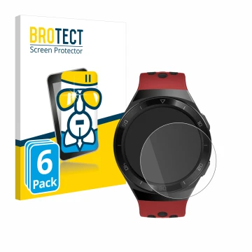 Front side of a product packaging with the brand logo BROTECT. Next to it is the device Huawei Watch GT 2e shown with the corr
