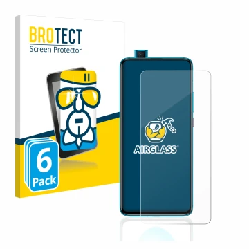 Front side of a product packaging with the brand logo BROTECT. Next to it is the device Xiaomi Poco F2 Pro shown with the corr