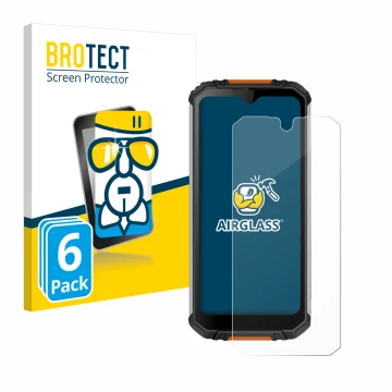 Front side of a product packaging with the brand logo BROTECT. Next to it is the device Oukitel WP6 shown with the correspondi