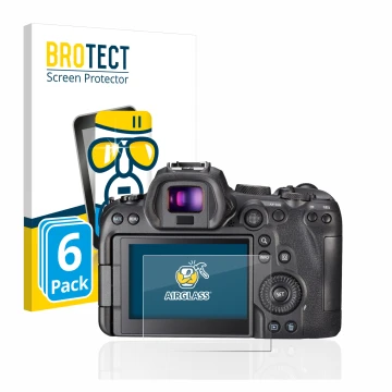 Front side of a product packaging with the brand logo BROTECT. Next to it is the device Canon EOS R6 shown with the correspond