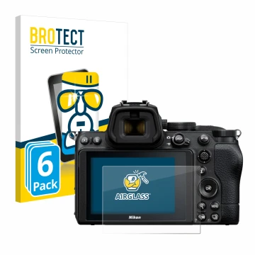 Front side of a product packaging with the brand logo BROTECT. Next to it is the device Nikon Z 5 shown with the corresponding