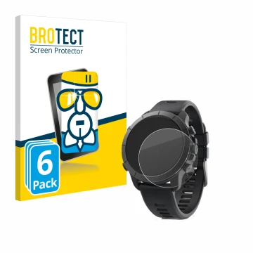 Front side of a product packaging with the brand logo BROTECT. Next to it is the device Wahoo Elemnt Rival shown with the corr