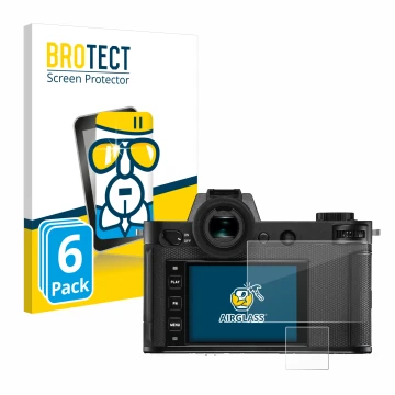 Front side of a product packaging with the brand logo BROTECT. Next to it is the device Leica SL2-S shown with the correspondi