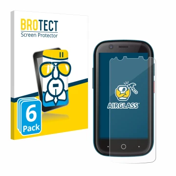 Front side of a product packaging with the brand logo BROTECT. Next to it is the device Unihertz Jelly 2 shown with the corres