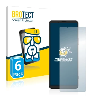 Front side of a product packaging with the brand logo BROTECT. Next to it is the device Sony Xperia 1 III shown with the corre