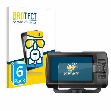 Front side of a product packaging with the brand logo BROTECT. Next to it is the device Garmin Striker Vivid 7cv shown with th