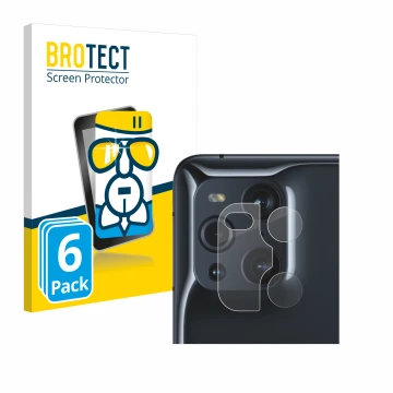 Front side of a product packaging with the brand logo BROTECT. Next to it is the device Oppo Find X3 Pro (ONLY Camera Lens) sh