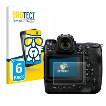 Front side of a product packaging with the brand logo BROTECT. Next to it is the device Nikon Z 9 shown with the corresponding