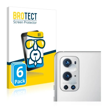 Front side of a product packaging with the brand logo BROTECT. Next to it is the device OnePlus 9 Pro (ONLY Camera Lens) shown